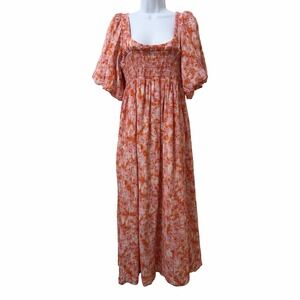 Anthropologie Womens Floral Puff Sleeve Smocked Midi Dress Size M Orange Cottage
